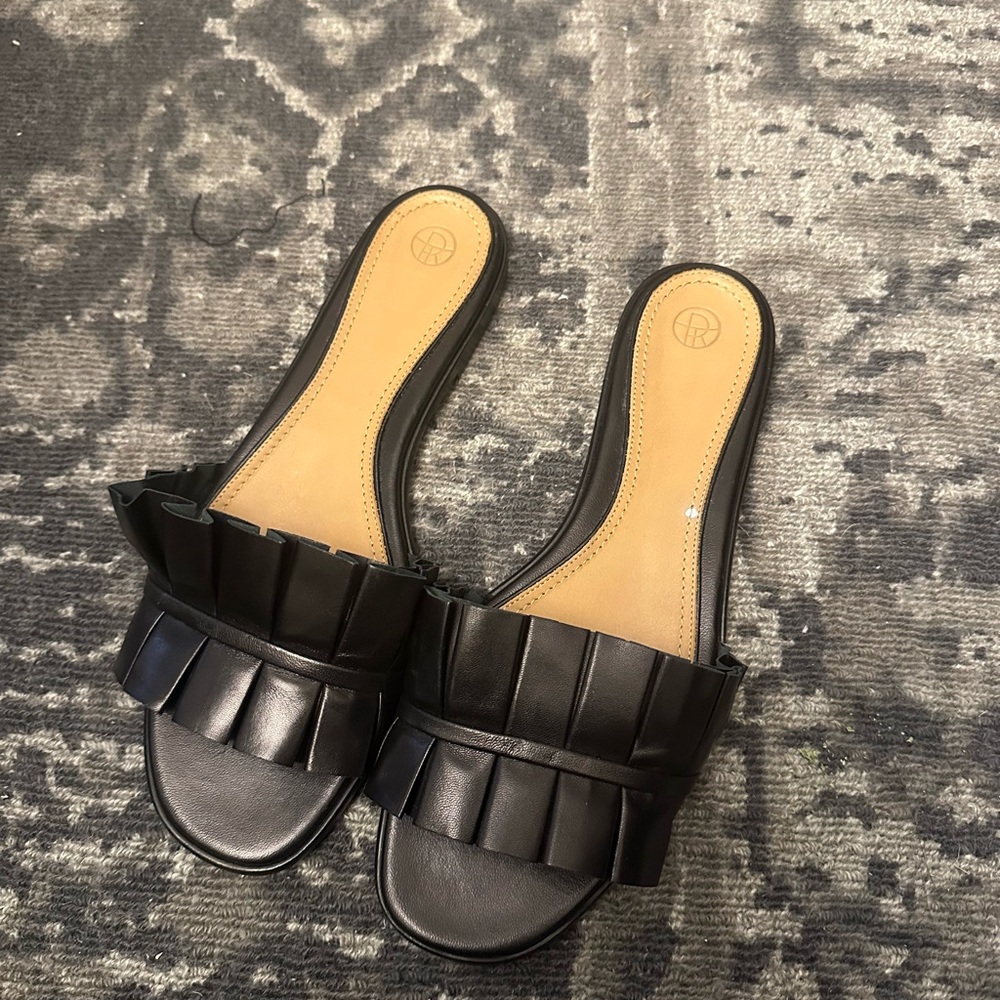The Row Emma Pleated Ruffle Leather Slide Sandals